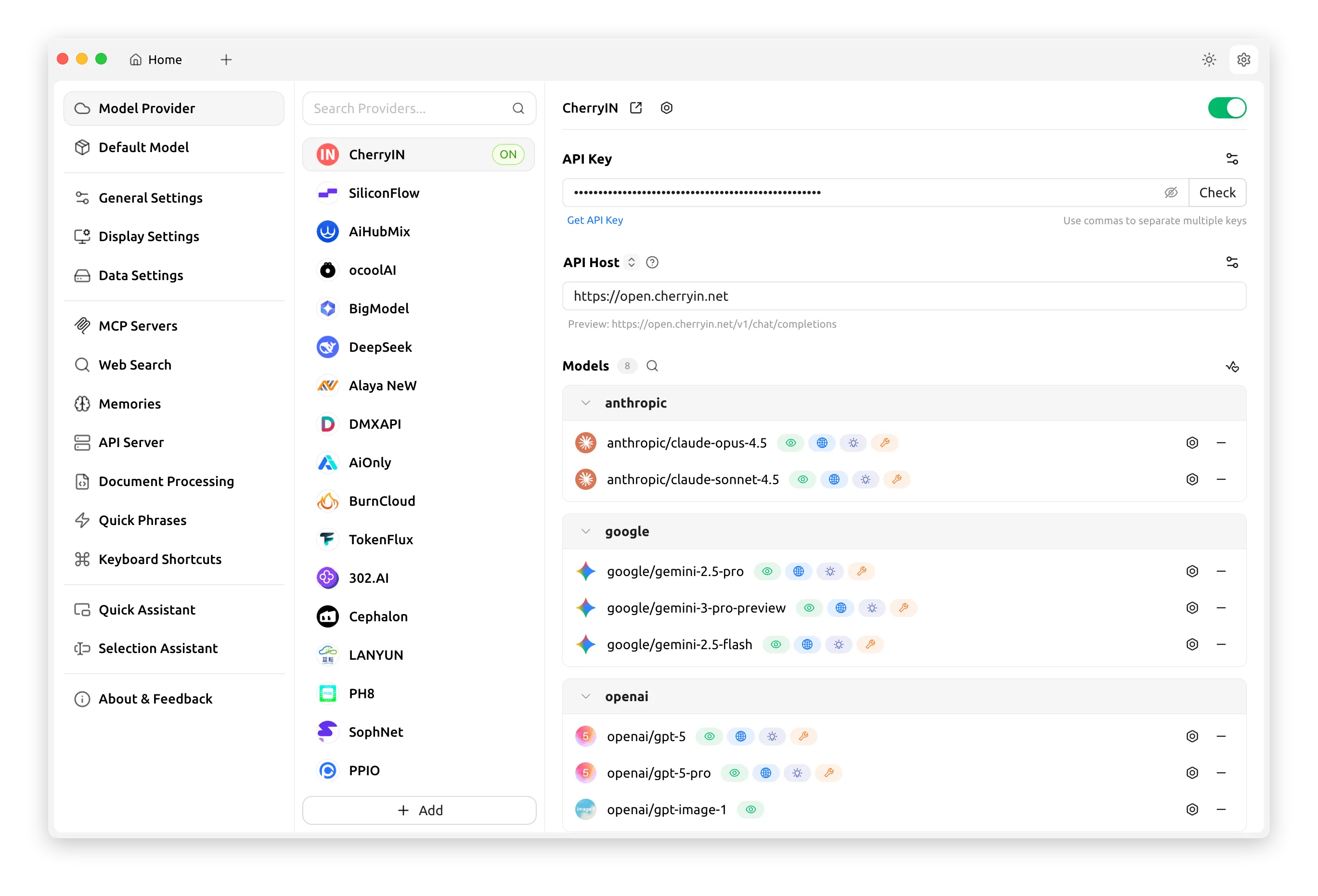 Cherry Studio 多模型服务商与 API 配置界面